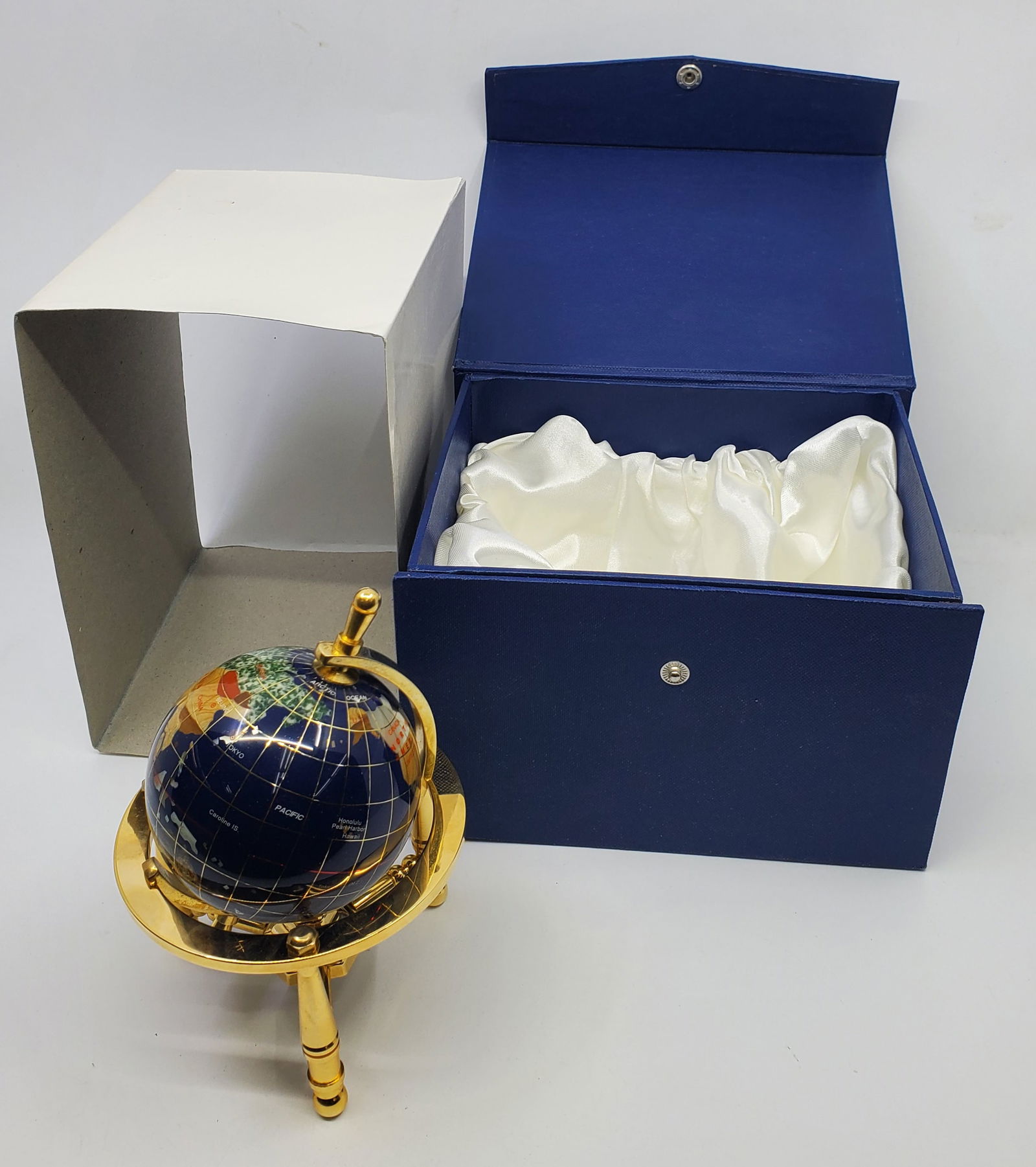 World Globe on Tripod Metal Stand Inlaid with Lapis Lazuli and Semi Precious Stones (1 of 6)