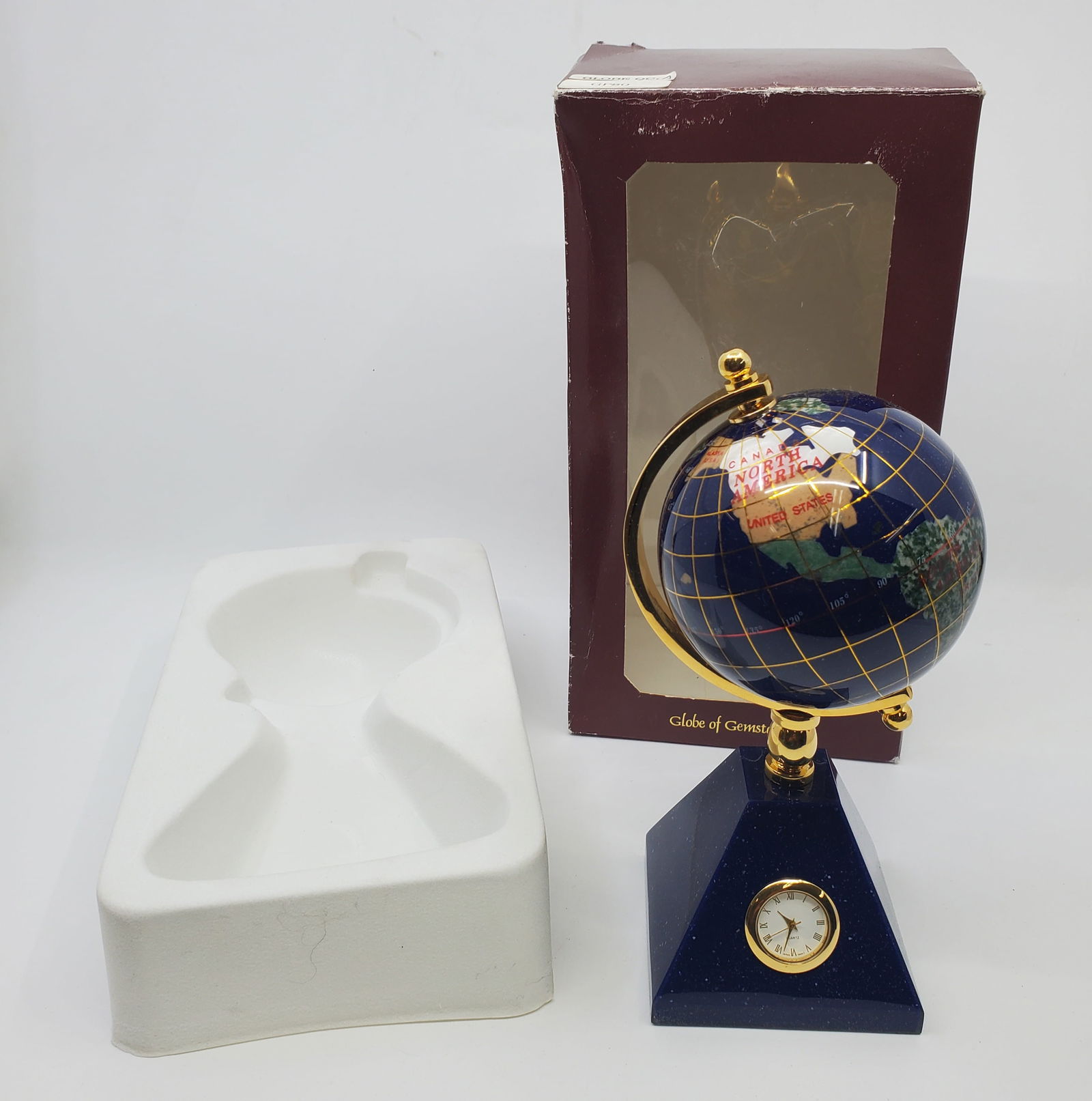 GLOBE OF GEMSTONE Inlaid, on Lapis Lazuli Base, with Clock (1 of 7)