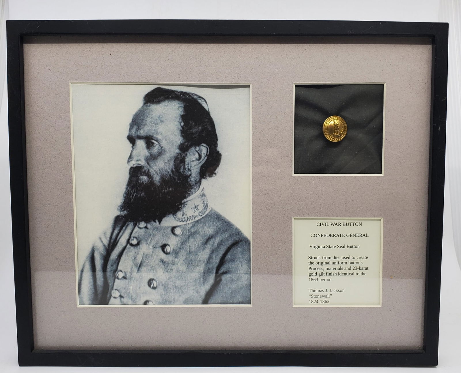 Framed Display Civil War Confederate  Button and Photo of "Stonewall Jackson" (1 of 3)