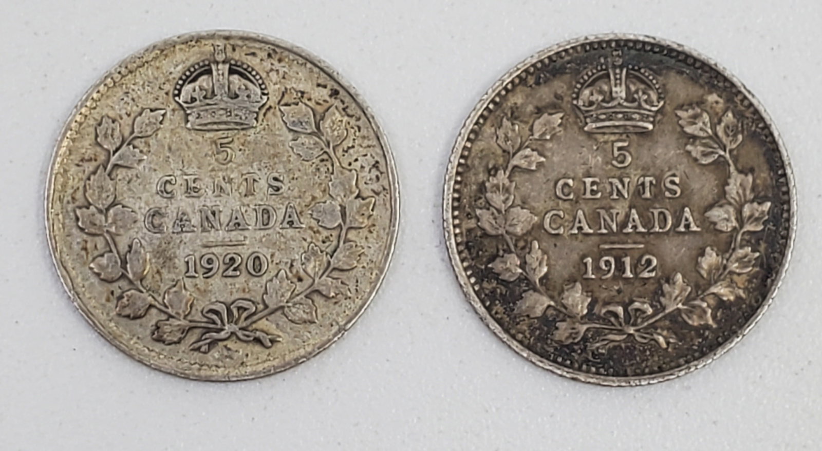 CANADA Two Old 5c Silver Coins: 1912 and 1920.