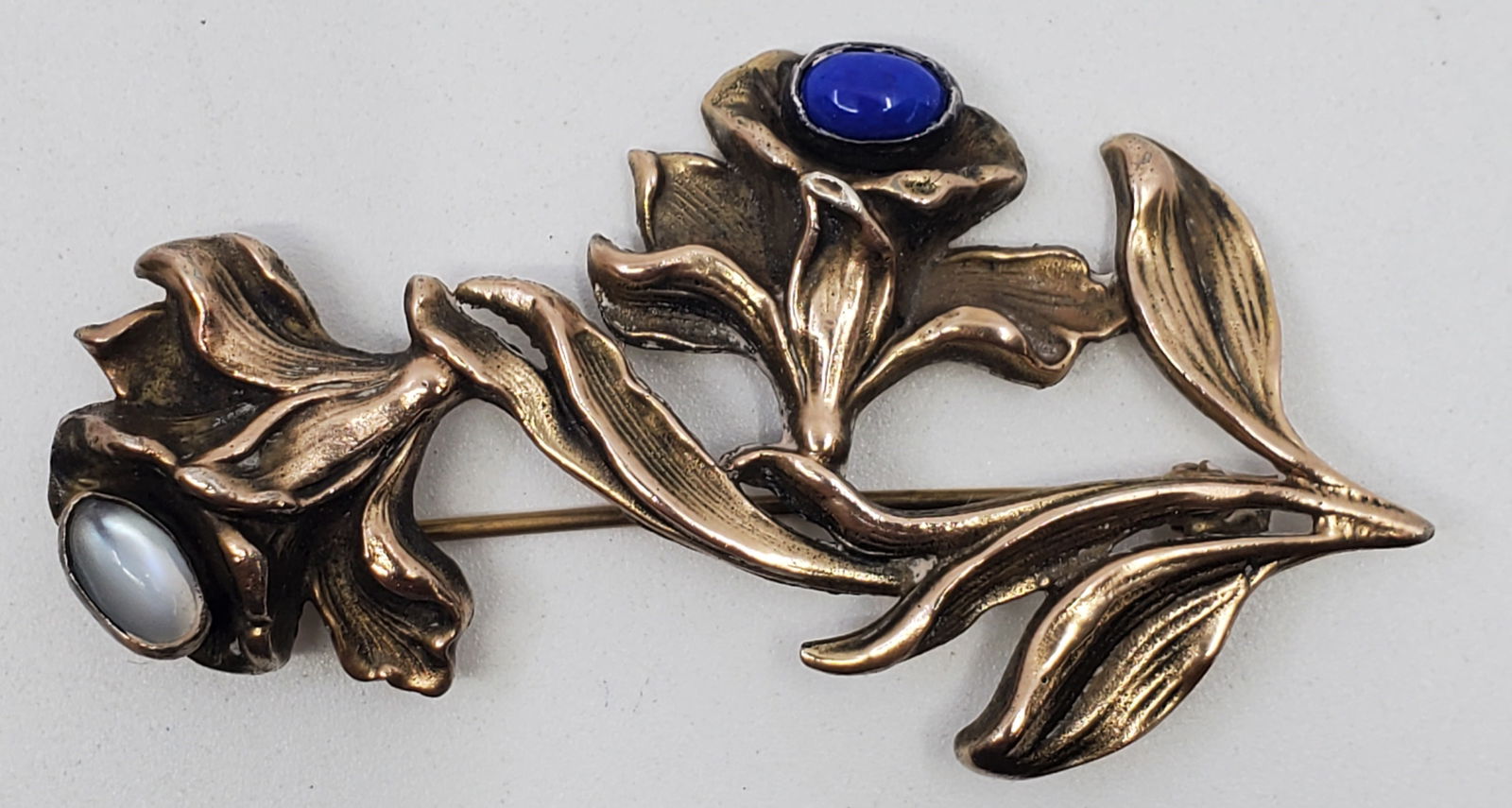 Vintage Gilt Silver Lapis and Moonstone Floral Brooch (1 of 6)