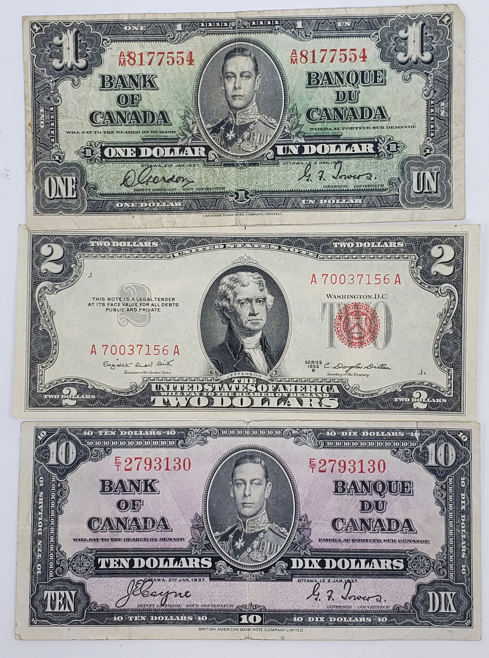 USA 1953B $2 Note + Canada 1937 $10 and $1 (1 of 2)