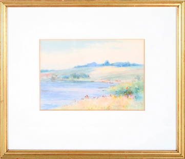 John Willard Raught, Landscape with Lake: John Willard Raught (American, 1857-1931) Landscape with Lake, 1902, watercolor on paper, 5 x 7 inches (sight), signed and dated lower right recto "John Willard Raught '02.", in four ply mat under gla