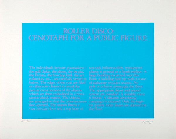 Robert Morris, Roller Disco: Robert Morris (American, b. 1931) Roller Disco, 1980, screenprint in colors, 26 x 32-1/8 inches (sheet), numbered, signed and dated lower recto "A.P. 16/25 R. Morris/80", with studio stamp. Provenance