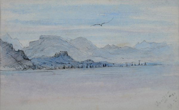 Edward Lear, View of Larissa, Greece: Edward Lear (British, 1812-1888) View of Larissa, Greece, watercolor and ink on paper, titled and dated lower right recto "Larissa / Ap. 24" with pencil notation on verso "Edward Lear / View of Lariss