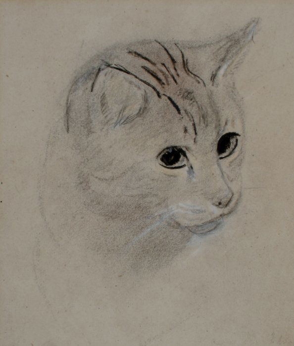James Ward, Portrait of a Cat: James Ward (British, 1769-1859) Portrait of a Cat, charcoal on paper, signed lower right verso "J. Ward" with notation in pencil on verso "James Ward", 7-1/2 x 6-1/2 inches (sheet), under glass in a m
