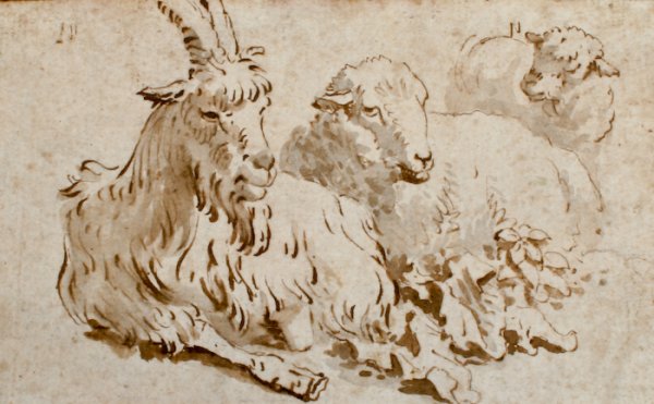French School, 19th Century Goat and Sheep: French School, 19th Century Goat and Sheep, ink on paper, 3-1/8 x 5 inches (sheet), under glass in a mat in wood frame. Provenance: Estate of John R. Kaiser.
