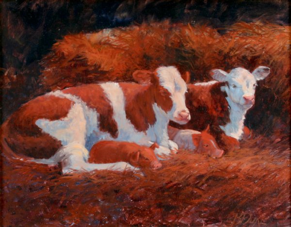 Beth Duke, Bedded Down: Beth Duke (American, b. 1944) Bedded Down, oil on board, signed lower right recto "B Duke", 11-7/8 x 16 inches (board). wood frame. Provenance: Texas Trails Gallery, San Antonio Texas; Estate of John 