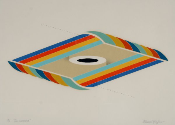Werner Pfeiffer, Turnaround: Werner Pfeiffer (German-American, 1922-1981) Turnaround, screenprint in colors, numbered, titled and signed along lower margin "34/50 'Turnaround' Werner Pfeiffer", 12-1/2 x 26 inches (image), under g