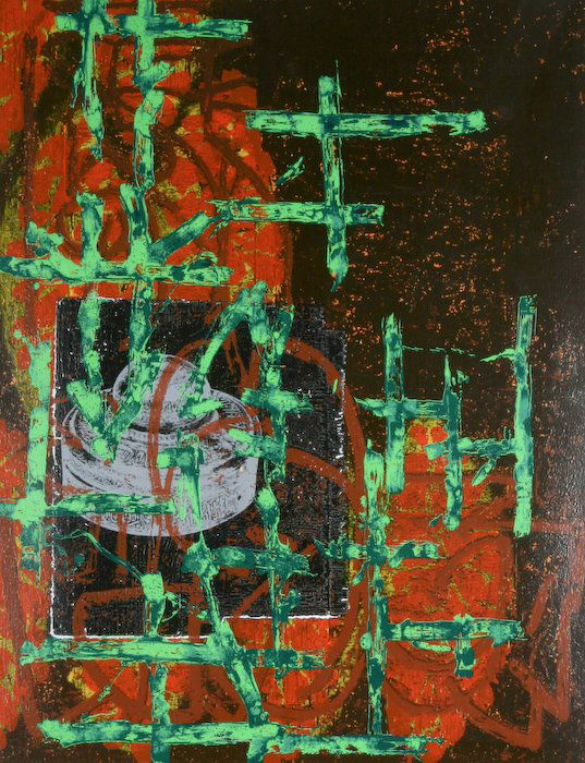 Mick Moon, Green Spice: Mick Moon (British, b. 1937) Green Spice, 1991, screenprint in colors and woodblock, numbered, signed and dated along lower margin "44/45 Mick Moon '91", 54 x 43 inches (sheet), under Plexiglas in woo