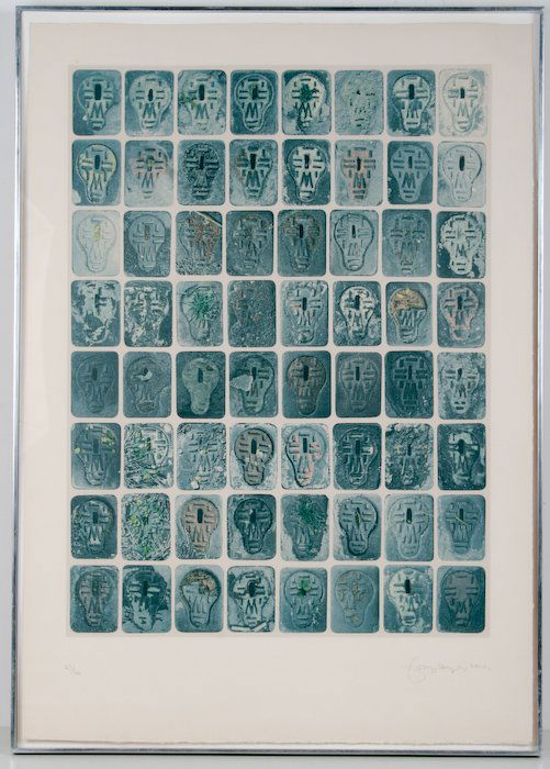 Tom Phillips, Sixty-Four Stopcock Box Lids: Tom Phillips (British, b. 1937) Sixty-Four Stopcock Box Lids, 1975, lithograph, numbered, signed and dated along lower margin "43/50 Tom Phillips LXXV", 39-1/4 x 28 inches (sheet), under Plexiglas in