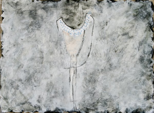 Jan Morgen, Adorned Dignitary: Jan Morgen (American, 20th Century) Adorned Dignitary, 1988, mixed media on paper, 44 x 58 inches (sheet), under Plexiglas in wood frame. Provenance: ARCO Chemical Co., Newtown Square, PA.