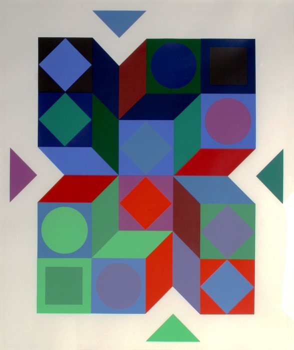 Victor Vasarely, Geometric Shapes: Victor Vasarely (French/Hungarian, 1908-1997) Untitled (Geometric Shapes), circa 1973, screenprint in colors, 28 x 23-1/2 inches (image), under glass in metal sectional frame. Publisher: Denise Rene,