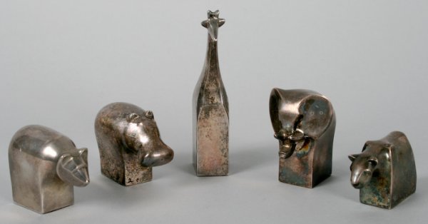 Dansk, Five Animal Sculptures: Dansk, Five Animal Sculptures, electroplated zinc, cast on bottom of each "DANSK / DESIGNS / JAPAN / GC / © / EP / ZINC", ranging from 1-3/8 to 4 inches (height). Provenance: Estate of John R. Kaiser
