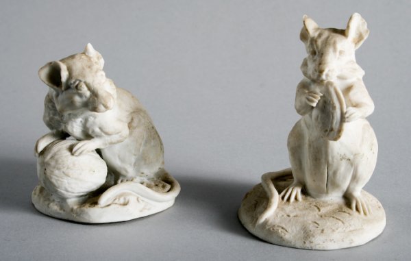 Pierre-Albert LaPlanche, Pair of Mice Eating Nuts: Pierre-Albert LaPlanche (French, 1854-1935) Pair of Mice Eating Nuts, porcelain, each signed "A LaPlanche" and stamped on base, 3-3/8 x 2-1/2 x 2-3/8 inches. Provenance: Estate of John R. Kaiser.