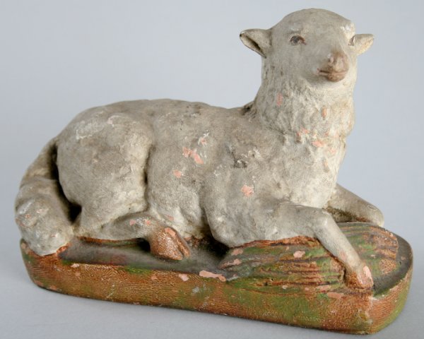 Seated Cat, Ceramic Lamb and 19th Century Chalkwar: American School, 19th/20th Century, Seated Cat, Ceramic Lamb and a 19th Century Chalkware Dove,