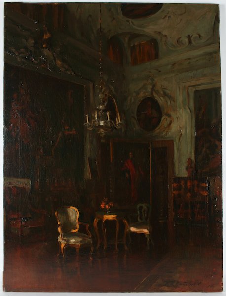 Ralph R. Latimer, Sala del Palazzo Barbaro: Ralph Randolph Latimer (American, 1862-1932) Sala del Palazzo Barbaro, Venezia, 1920, oil on canvas, 39-1/2 x 29-1/2 inches (100 x 75 cm) (stretcher), signed lower right recto "RR Latimer", in a perio