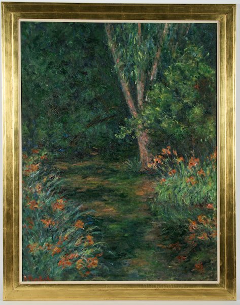 Blanche Hoschedé-Monet, Garden Day Lilies: Blanche Hoschedé-Monet (French, 1865-1947) Garden Day Lilies, 1930, oil on canvas, 35 x 27 inches (stretcher), signed lower left recto "B Hoschede Monet", in a gilt wood frame, 40 x 31 x 2 inches. Pr