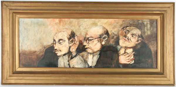 François Heaulmé, Three Men: François Heaulmé (French, 1927-2005) Three Men, oil on canvas, 13-1/2 x 36-1/4 inches (stretcher), signed left recto "HEAULME", in a wood frame, 22 x 45 inches. Private Collection, Chicago, IL.