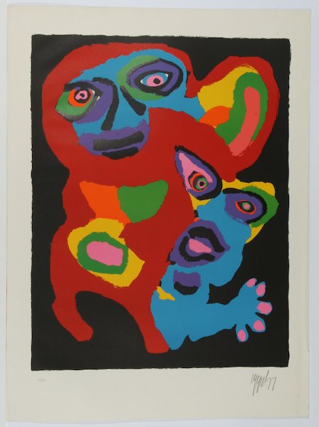 Karel Appel, Composition with Two Figures: Karel Appel (Dutch, 1921-2006) Composition with Two Figures, screenprint in colors, 32-1/2 x 24-1/4 inches (sheet), numbered, signed and dated in pencil on recto "18/100 Appel 77", unframed. Provenanc