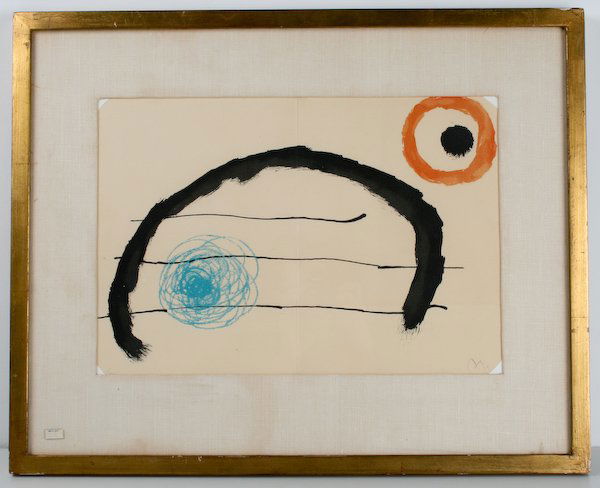 Joan Miró, Untitled: Joan Miró (Spanish, 1893-1983) Untitled, lithograph in colors, 12 x 17-1/4 inches (sheet), numbered and initialed in pencil along lower recto "84/100 M.", under glass in a wood frame, 20 x 24 x 1 inc