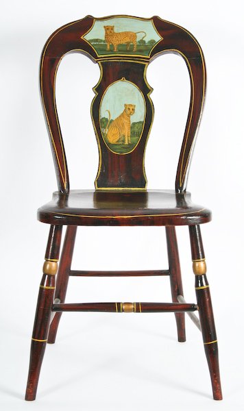 Lew Hudnall, Hand-painted Wood Folk Art Chair : Lew Hudnall (American, 20th Century) Hand-painted Wood Folk Art Chair featuring a Leopard and a Tiger, oil on wood, 32-1/2 x 17 x 17 inches. Provenance: The Betty Gordon Estate.