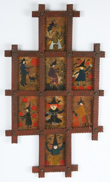 Barbara Strawser, Four Halloween Works on Paper: Barbara Strawser (American, 20th Century) Four Halloween Works on Paper, 1996, mixed media, ranging in size from 5 inches (diameter) to 25 x 15 inches, signed and dated, each under glass in wood frame