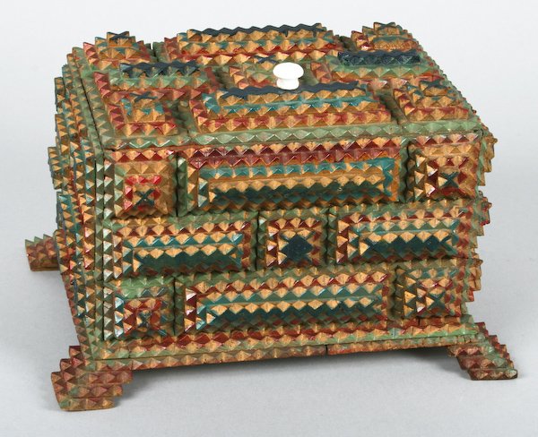 Tramp Art Footed Box: American School, 20th Century, Tramp Art Footed Box lined with Cigar Box Paper and Polychromed Tramp Art Frame, polychromed carved wood, 7-1/2 x 10-3/4 x 8 inches (box); 14 x 12-3/4 inches (frame). Pr