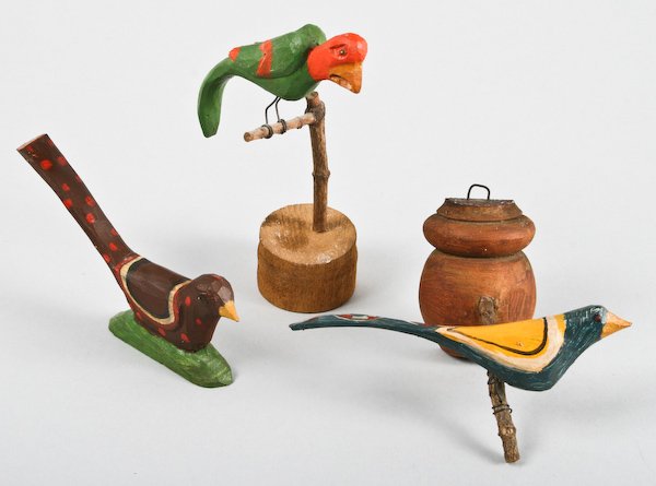 Daniel and Barbara Strawser, Folk Art Bird Sculptu: Daniel and Barbara Strawser (American, 20th Century) Eight Folk Art Bird Sculptures, 1978-1981, polychromed carved wood, ranging in size from 3 to 6-1/2 inches (height), each signed and dated. Provena