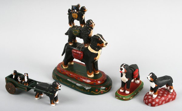Jonathan Bastian, Swiss Mountain Dog Sculptures: Jonathan Bastian (American, 20th Century) Four Folk Art Greater Swiss Mountain Dog Sculptures, 1998-2005, polychromed carved wood, ranging in size from 3-1/2 to 11-3/4 inches (height), signed and date