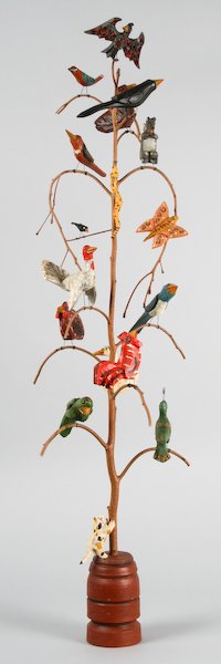 Daniel and Donna Strawser, Folk Art Bird Trees: Daniel and Donna Strawser (American, 20th Century) Folk Art Bird Tree Sculpture, 1997, polychromed carved wood, 43 x 12 x 11 inches, signed and dated. Provenance: The Betty Gordon Estate.