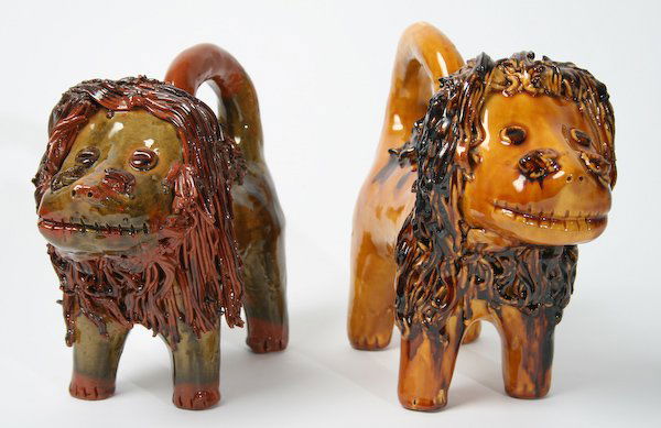 Lester Breininger, Glazed Redware Lions: Lester Breininger (American, 20th Century) Pair of Pennsylvania German Glazed Redware Lions, ranging in size from 7 to 8 inches (height), signed and dated (each). Provenance: The Betty Gordon Estate.