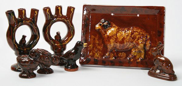 Lester Breininger, Glazed Redware Objects: Lester Breininger (American, 20th Century) Pennsylvania German Glazed Redware: four Ceramic Figurines, a Pair of Vases and a Wall Plaque, ranging in size from 3-1/2 to 8-1/2 inches, signed and dated (