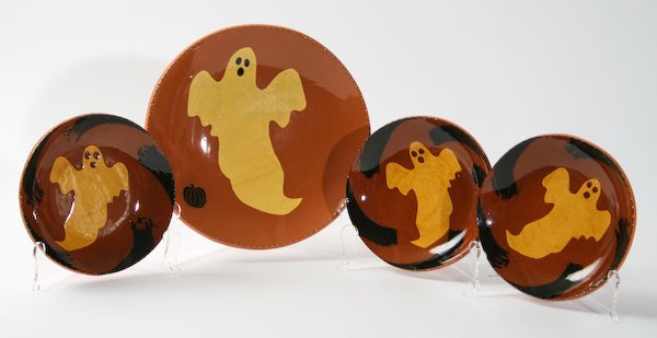 Lester Breininger, Glazed Redware Halloween Plates: Lester Breininger (American, 20th Century) Four Pennsylvania German Glazed Redware Halloween Plates, ranging in size from 7 to 10 inches (diameter), signed and dated (each). Provenance: The Betty Gord
