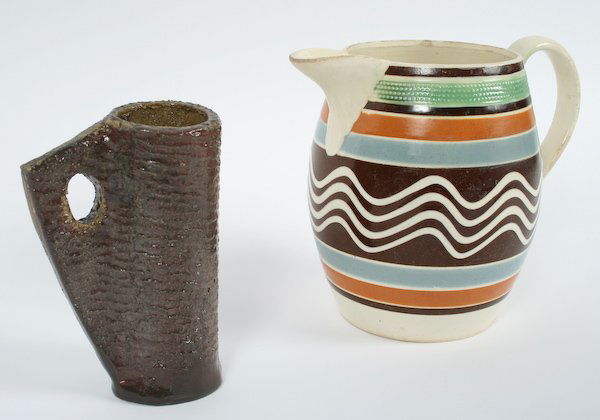 Mocha Ware Pitcher and an unusual glazed ceramic m: Mocha Ware Pitcher with Texturized Bands and Wave Patterns, gifted to Betty Gordon by Paul and Alma C. Brunner and an unusual glazed ceramic mug by Dr. Robert Johnson of Coshocton, OH, signed "RRJ", 6