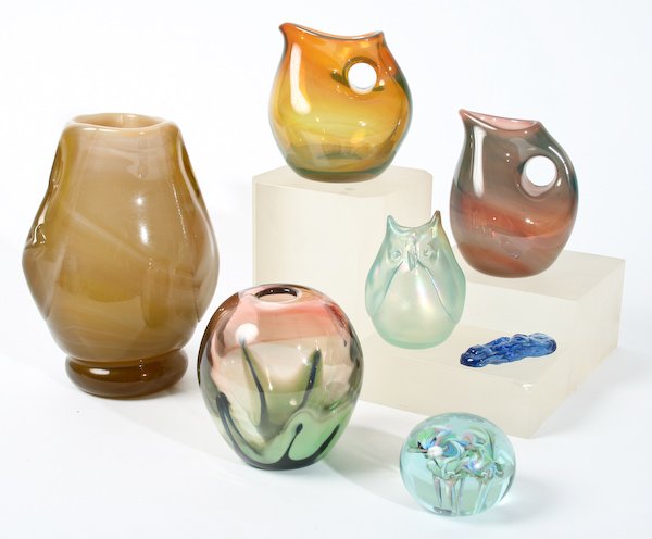 Dominick Labino, Art Glass Objects: Dominick Labino (American, 1910-1987) Seven Art Glass Objects, hand blown and pressed colored glass, ranging in size from 2-1/4 to 7-1/2 inches (height), signed and dated (each). Provenance: The Betty