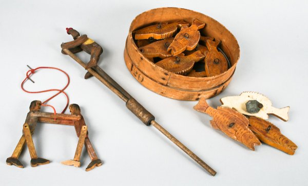 Vintage Toys: Schuco (German, 20th Century) and Various Artists (American, 20th Century) Vintage Toys including a Fishing Game (12 fish) and Miniature Farm Figurines, one Carved Wood Figural Toy signed and dated "M