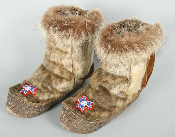 Inuit Sealskin Boots With Beadwork And Leather Str
