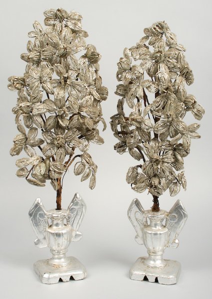 Pair of Beaded Glass Flower Bouquets: Pair of Beaded Glass Flower Bouquets in Hand-carved Wooden Vases, glass beads strung on wire, 14 x 8-1/2 x 4 inches. Provenance: The Betty Gordon Estate.