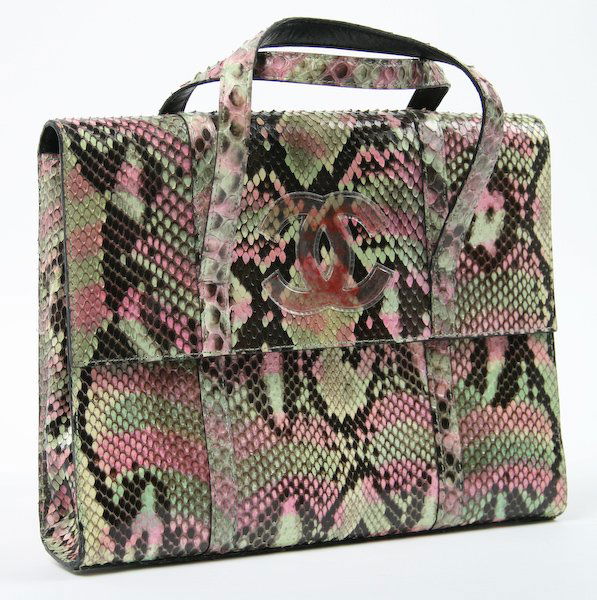 Chanel Pink, Green and Black Snakeskin Flap Bag: Chanel Pink, Green and Black Snakeskin Flap Bag, top handles, original storage bag and box, 7 x 9 x 1-1/2 inches. Provenance: The Betty Gordon Estate.