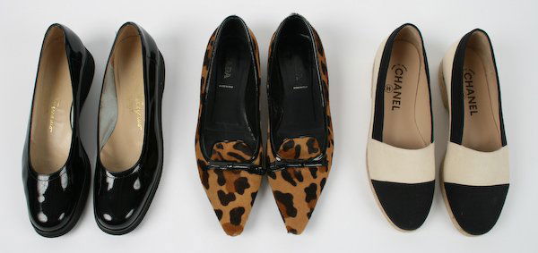 Three Pairs of Designer Shoes: Three Pairs of Designer Shoes: Chanel Black and White Logo Espadrilles (Size 9B), and Salvatore Ferragamo Patent Leather Flats (Size 8-1/2), and Prada Leopard Print Flats with Bow (Size 8), each with