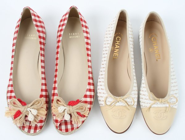 Two Pairs of Designer Shoes: Two Pairs of Designer Shoes: Chanel Tweed Ballerina Flats (Size 8-1/2), and Stuart Weitzman Red Gingham Espadrille Flats (Size 9), each with original box. Provenance: The Betty Gordon Estate.