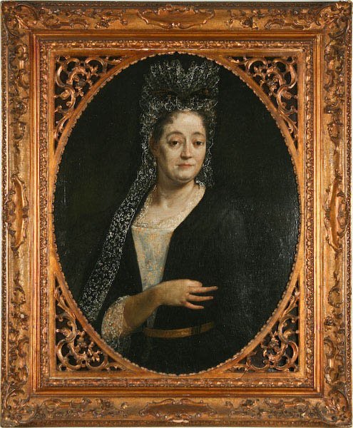 18th Century, Distinguished Lady in Fine Lace Mantilla: Continental School, 18th Century, Distinguished Lady in Fine Lace Mantilla, oil on canvas, 32-3/4 x 25-1/4 inches (stretcher), in a carved and gilt wood frame, 42 x 35 x 3 inches.