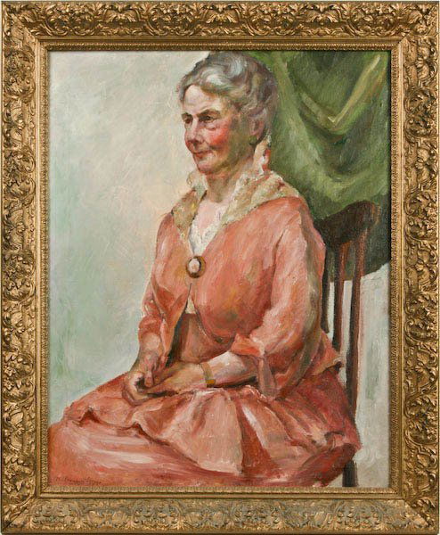 Colin Campbell Cooper, Lady in Pink: Colin Campbell Cooper (American, 1856-1937) Portrait of a Lady in Pink, oil on canvas, 30 x 24 inches (stretcher), signed lower left recto "Colin Campbell Cooper", in a period carved and gilt wood fra