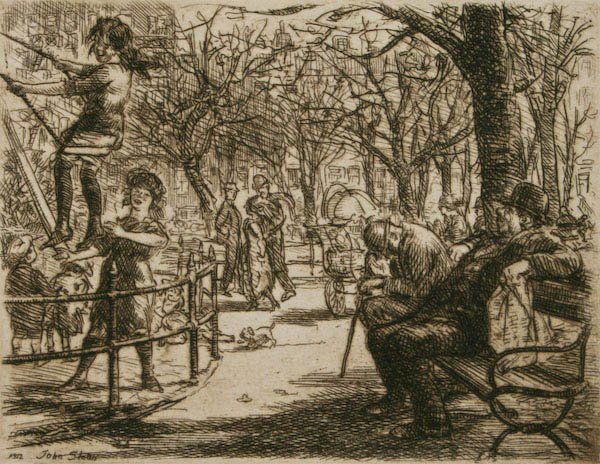 John Sloan (American, 1871-1951) Swinging in the Square: John Sloan (American, 1871-1951) Swinging in the Square, 1912, etching, 3-3/4 x 5 inches (plate), 4-3/4 x 5-3/4 inches (sight), pencil signed lower right margin "John Sloan", silk mat, under glass in