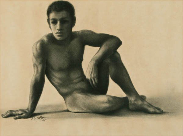 Benjamin Britt, Reclining Male Nude: Benjamin Britt (American, b. 1923) Reclining Male Nude, charcoal on paper, 17-1/4 x 23-1/2 inches (sight), signed and dated lower left recto "B. Britt 88", acidic mat, under glass in a wood frame, 27