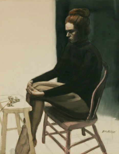 Billy Morrow Jackson, Girl Waiting: Billy Morrow Jackson (American, 1926-2006) Girl Waiting, graphite and watercolor on paper, 24-1/2 x 19-1/2 inches (sight), signed lower right recto, "B M JACKSON", silk mat, under glass in a wood fram