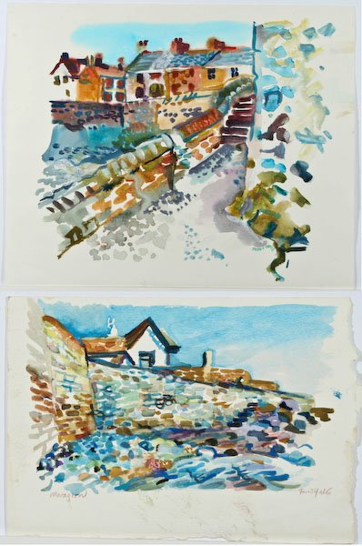 Fred J. Yates, Village Scene and Marazion: Fred J. Yates (British, 1922-2008) Village Scene and Marazion, watercolors on paper, ranging in size from 7-1/2 x 11-1/4 to 14-1/4 x 17-1/2 inches (irregular sheet), each signed, unframed.