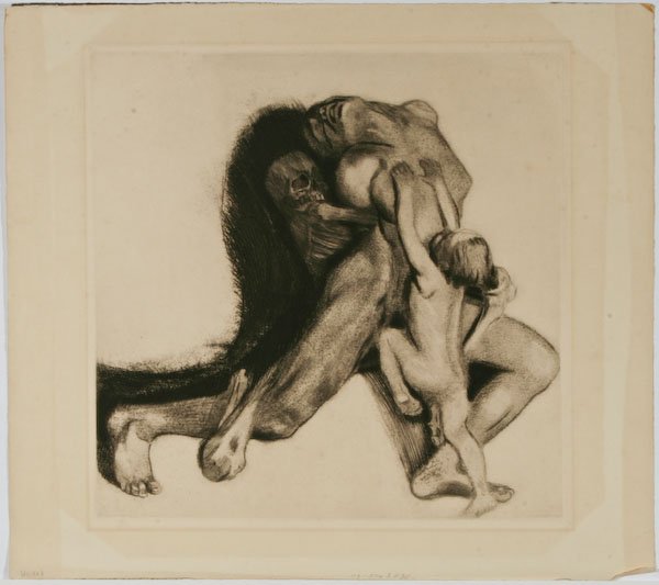 After Käthe Kollwitz, Tod und Frau: After Käthe Kollwitz (German, 1867-1945) Tod und Frau, 1910, etching, 17-1/4 x 17 inches (plate), 21-1/2 x 23-1/2 inches (sheet), stamped, unframed. Publisher: Emil Richter. Printer: Otto Felsing.