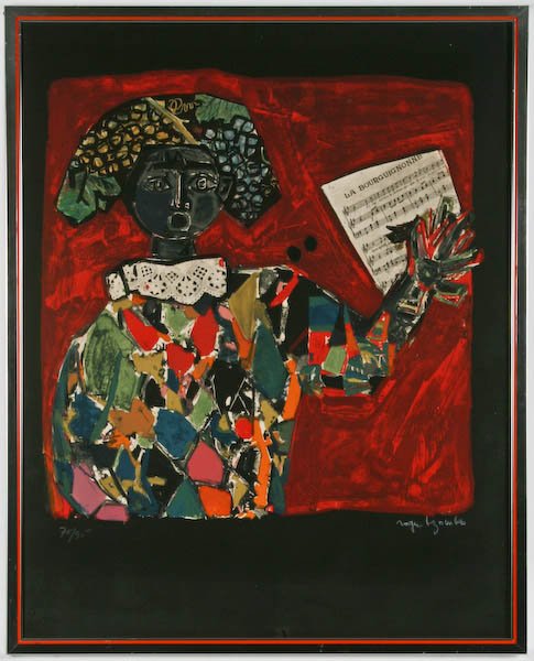 Roger Bezombes, La Bourguignonne: Roger Bezombes (French, 1913-1994) La Bourguignonne, lithograph in colors, 22 x 21 inches (plate), numbered and signed lower margin, "70/95 Roger Bezombes", under glass in a metal sectional frame, 32